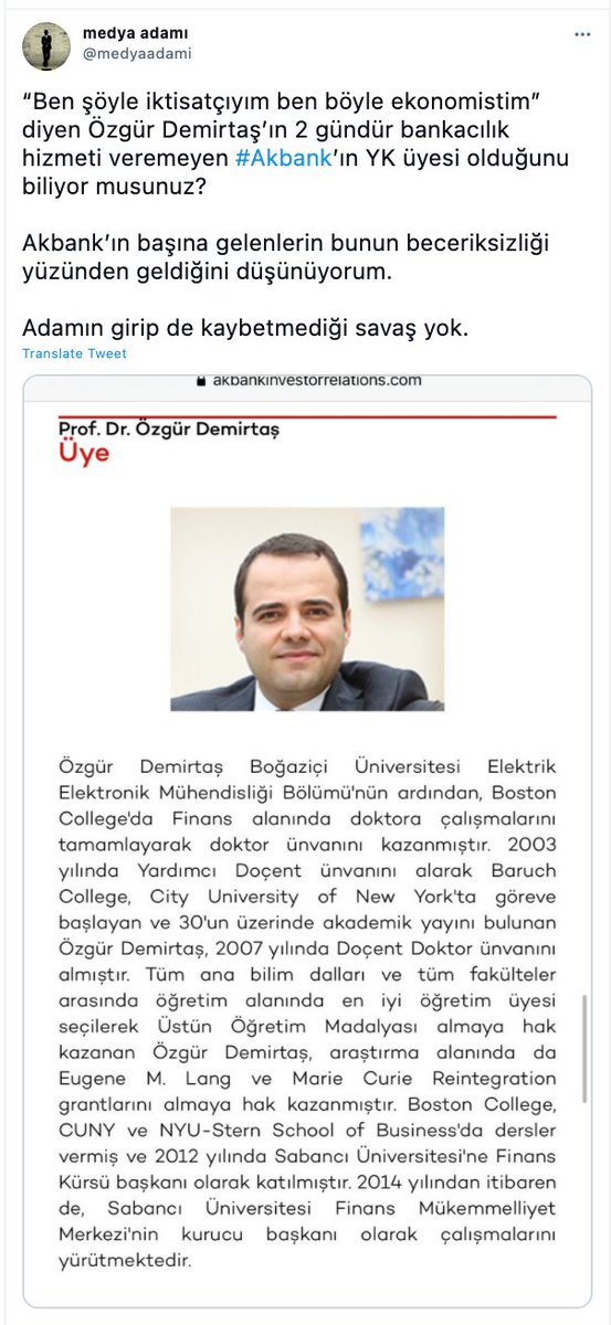 Zerre Kadar Zekaları yok bu AKtrollerin.
Hiçbir Yetkim ve Sorumluluğum olmayan, İCRA değil Bağımsız YK üyesi olduğum bankadaki teknik IT ile ilgili arızayı bana bağlamaya çalışırken bir de başarılar ile dolu Biyografimi ekliyorlar twite. Sayelerinde Tabanları da beni tanıyor :-)