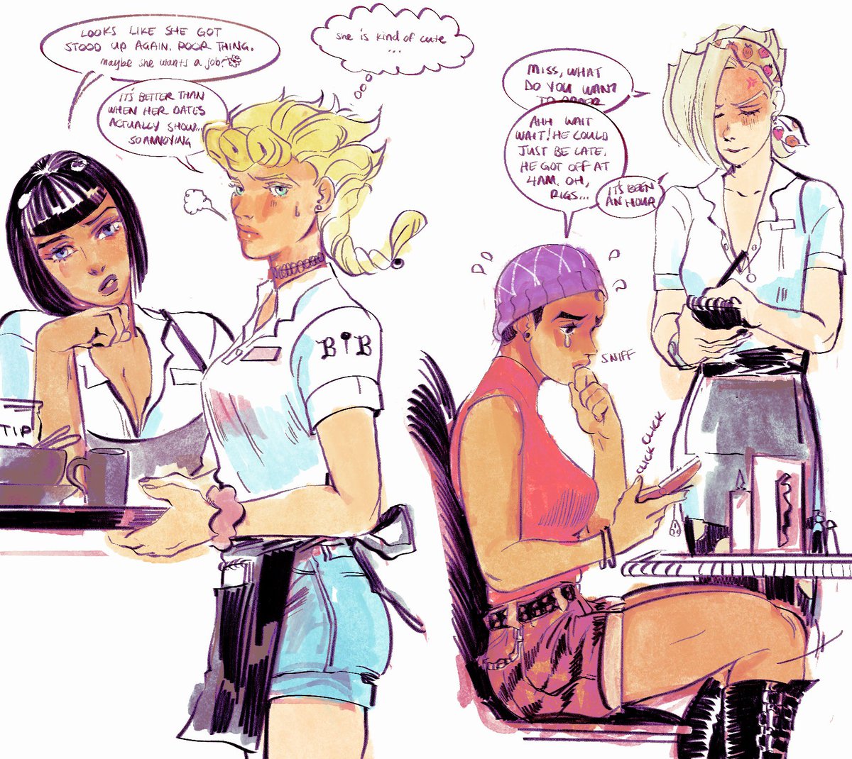 So @gg8473 and I have this AU where Giorno works at a coffee shop and Mista keeps taking all of her shitty dates to it and driving Giorno crazy. Rom Comm antics ensue. // giomis ☕️ 
