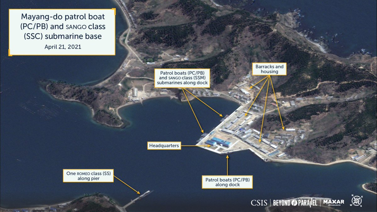 This image shows the joint Mayang-do patrol boat (PC/PB) and SANGO class (SSC) submarine base, which consists of an extended dock, headquarters, barracks, and housing areas. Five to ten patrol boats and two to five SANGO class submarines are often observed here.