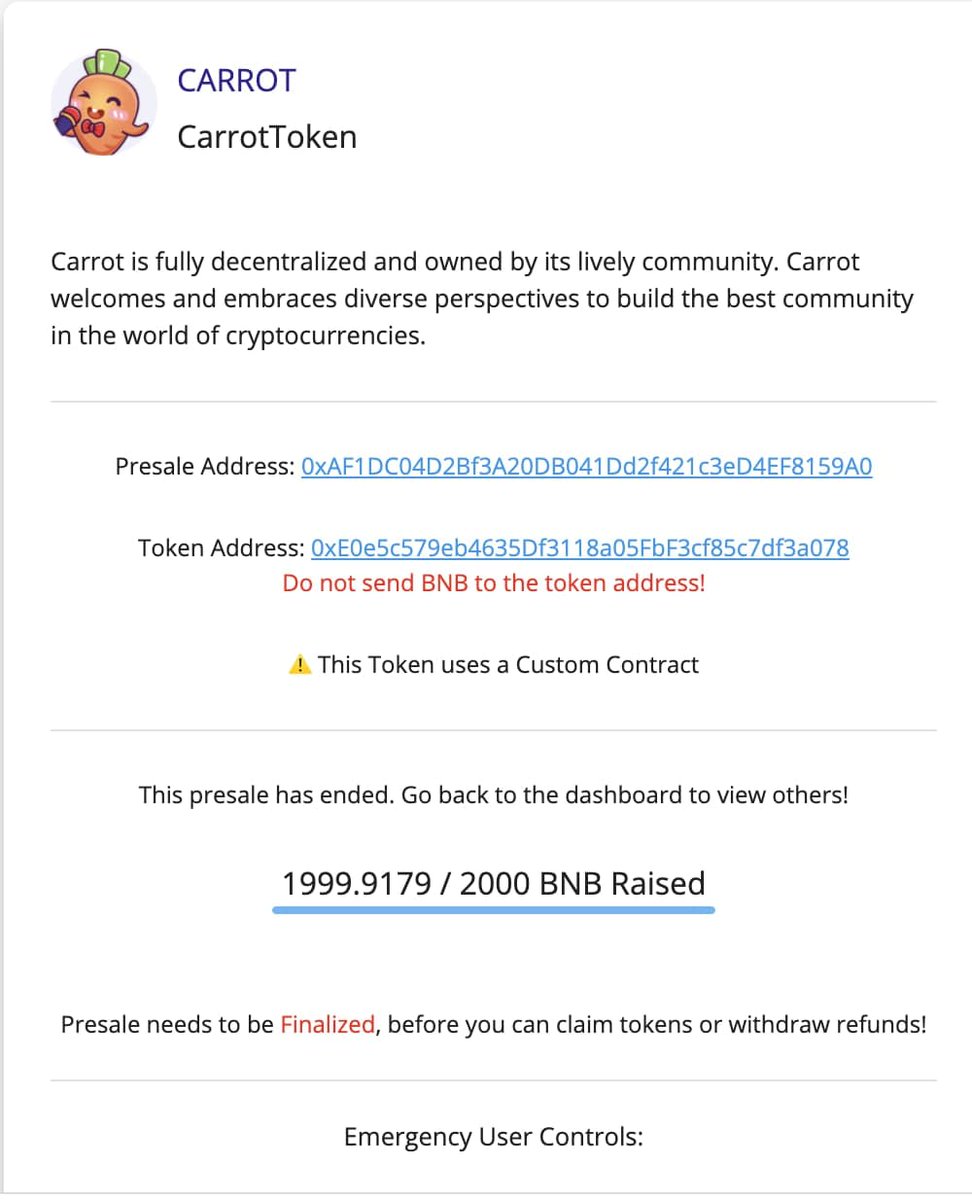 🐰🥕🐰🥕🐰
Dear Carrot Community, 

Collaboration project with @Hare_token is a hit! CARROT presale had reached 2000 BNB on DxSale. It took less than 10min to finish presale event. 

Carrot would like to thank the community and hope that the future of Carrot will be even greater!