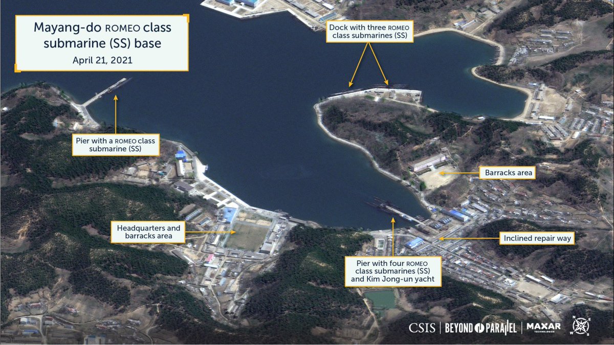 Using unique off-nadir imagery collection, this report provides a close-up focus of these facilities, including views of the ROMEO class and SANGO class submarines, and Kim Jong-un’s yacht.