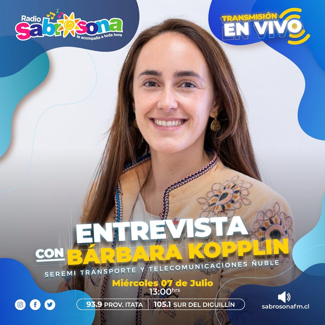 FmSabrosona's tweet photo. 🎙️ Esta tarde en #SabrosonaTeConecta estaremos conversando con la seremi de Transportes y Telecomunicaciones de #Ñuble Bárbara Kopplin @BkopplinLa 🚘

⏰13:00 hrs. https://t.co/0ESI2KPnD0