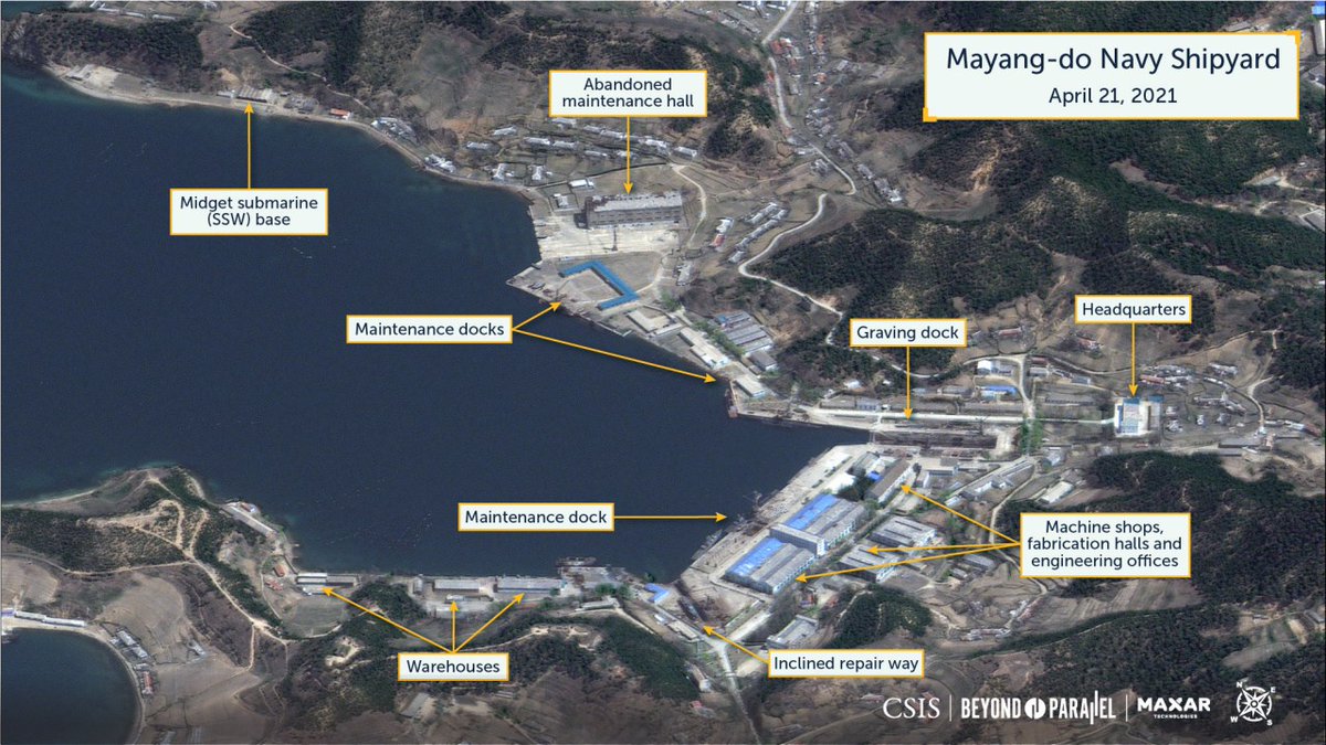 This image provides an overview of the Mayang-do Navy Shipyard and the Mayang-do (Pegumi) midget submarine (SSW) base. Most notable is a large approximately 115-by-25-meter graving dock, which is most frequently seen being occupied by ROMEO class and SANGO class submarines.