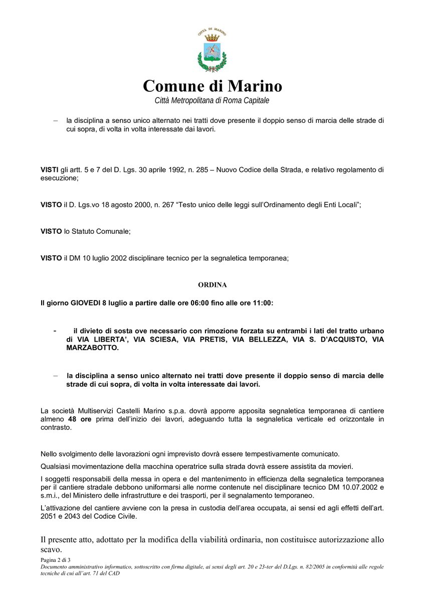 ATTENZIONE ⚠: Domani 08.07.2021 , dalle h 06 alle 11, è in vigore Ord n. 219/21 che istituisce temporaneamente il divieto di sosta con rimozione in Frattocchie, per effettuare la pulizia stradale ed il taglio erba infestante:
Prestate attenzione e rispettate la segnaletica🚫