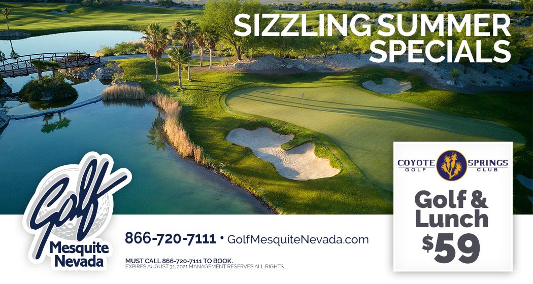 5 reasons to play <a href="/CoyoteSpringsGC/">Coyote Springs Golf Club</a> 
1. One of the best Jack Nicklaus signature courses in the game.
2. Excellent challenge of golf from any distance. 
3. The course is a scenic wonder. 
4. Wide fairways, challenging greens
5. This Sizzling Summer Special
Book now 866-720-7111