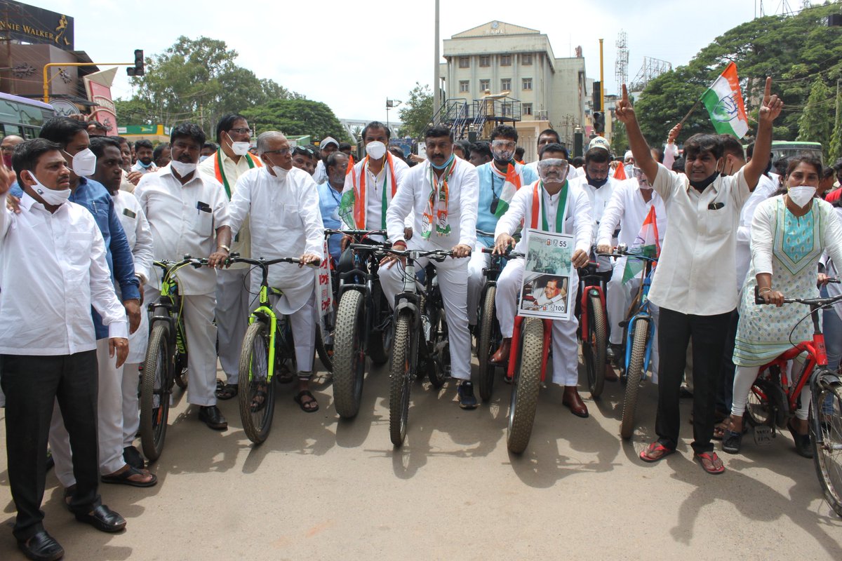 AltafHallur's tweet photo. The Bicycle protest today by our party leaders at Congress is just a glimpse of what the future holds for the entire country if fuel rates are not curbed by the failing BJP government and relief is not provided to the common man. https://t.co/TjOf37LkwI