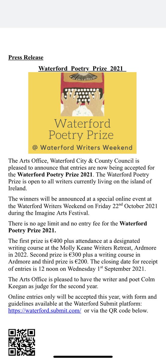 keane_house's tweet photo. Waterford Poetry Prize 2021! Get writing! ✍️ @WaterfordLibs @WaterfordArts @MunLitCentre @poetryireland @Wwritersweekend @TheWaxedLemon https://t.co/dU6eB5fjYv