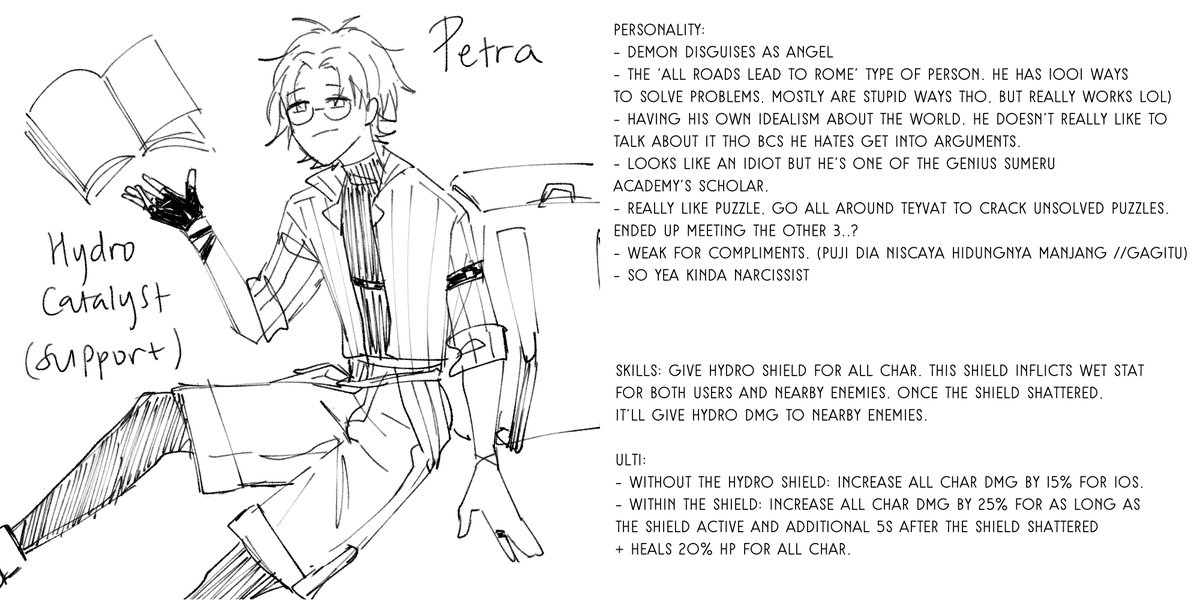 My genshin persona but male version one bcs we need male catalyst yes

He's originally from Mondstadt but living in Sumeru, but currently visit various place around Teyvat.
He hide his vision under his clothes bcs of some reasons.

....idk how to outfit alksjdkfj https://t.co/eIzIbcn5US 