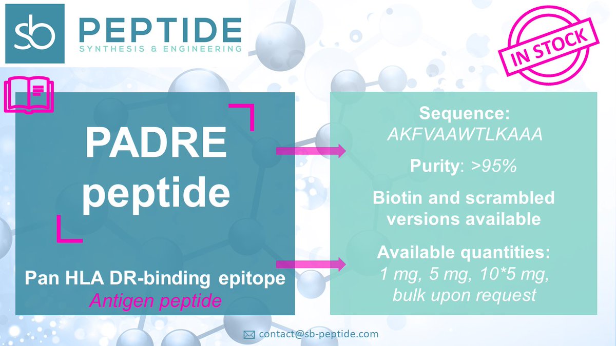 SBPEPTIDE's tweet photo. SB-PEPTIDE offers Pan HLA DR-binding epitope, PADRE peptide, which is an universal peptide to activate antigen specific-CD4+ T cells. PADRE peptide can be used in the development of synthetic and recombinant vaccines. 💉

PADRE: https://t.co/SaT8RBGQy0

#peptides #immunooncology https://t.co/DgW0iXNWnh
