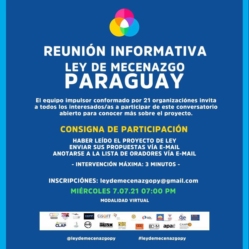 Le_zagon's tweet photo. 22 organizaciones nos unimos hace 10 meses para sacar adelante este Proyecto de Ley con las mejores intenciones y en pos de la cultura paraguaya 🇵🇾 Hoy a las 19:00h reunión informativa por FB @mecenazgopy #LeyDeMecenazgoPy 
https://t.co/TszGfzKfAo https://t.co/gJL1ZSQ1Yd