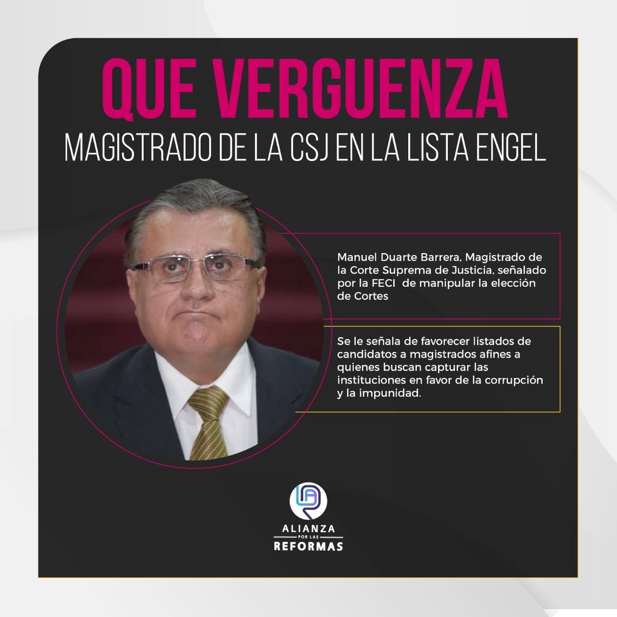 Manuel Duarte, magistrado de la #CSJ fue incluido en la Lista Engel  señalado de manipular la integración de las cortes de justicia. Duarte, tiene pase para ir por la reelección al estar incluido en la nómina para que el <a href="/CongresoGuate/">Congreso Guatemala</a> elija a nuevos magistrados. #CortesNoMafias