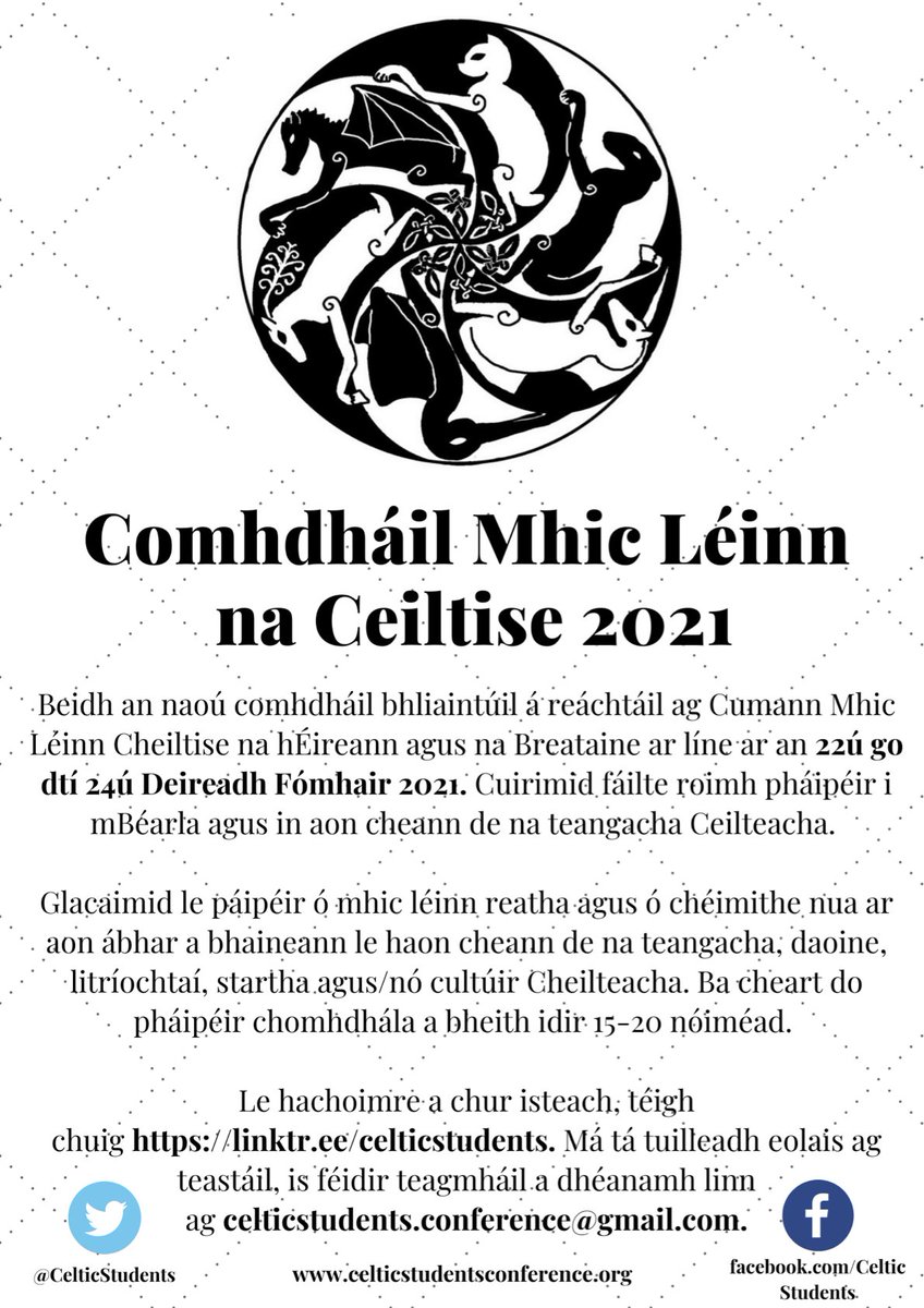 CelticStudents's tweet photo. 📢 #CfP | Galwad am bapurau | Gairm ar Pháipéir
🗓️ 22–24 October 2021, fully or partly online (depending on Covid)
🤗 We strongly encourage papers in #Cymraeg #Gaeilge #Gàidhlig #Kernewek #Gaelg #Brezhoneg
✍️ Submit abstracts by 27th August! 
More info 👉 https://t.co/E8Zv4myICc https://t.co/AWOkTXp3y4