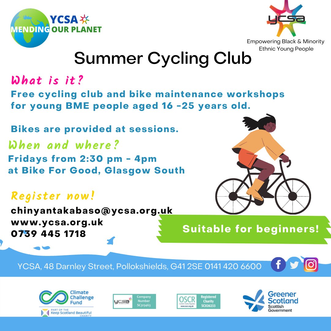 YCSA_Youth's tweet photo. Get involved in our Summer activities for young people aged 16-25 from black and/or minority ethnic backgrounds! โ๏ธ Our cycling classes begin on Friday 16th July and our cooking classes begin on Thursday 15th July! Contact Chinyanta to register your place #YCSA #BMEGlasgow https://t.co/u5u2syQEHf