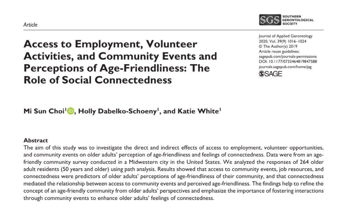 AgeFriendlyOH's tweet photo. Access to Employment, Volunteer
Activities, and Community Events and
Perceptions of Age-Friendliness: The
Role of Social Connectedness 

Read the whole article in the Journal of Applied Gerontology @SAGEJournals:   https://t.co/BjYAs38tEN

#AgeFriendly https://t.co/yKGBkwBaLU