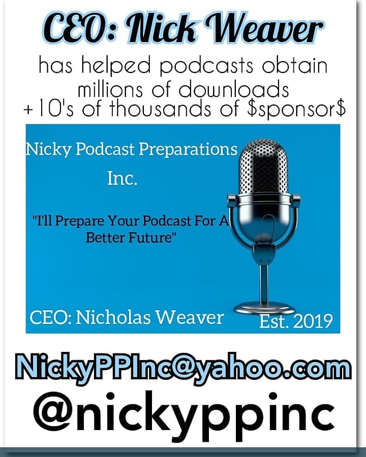 **PODCASTERS**
Need/want more plays, high caliber guests, sponsors, newsletter/magazine placement, have your pod in the top 10% in the world plus more?

Well Nicky Podcast Preparations Inc (<a href="/NickyPPInc/">Nicky Podcast Preparations Inc.</a>) is for you! Very affordable &amp; 100% human ran!

allmylinks.com/nickyppinc