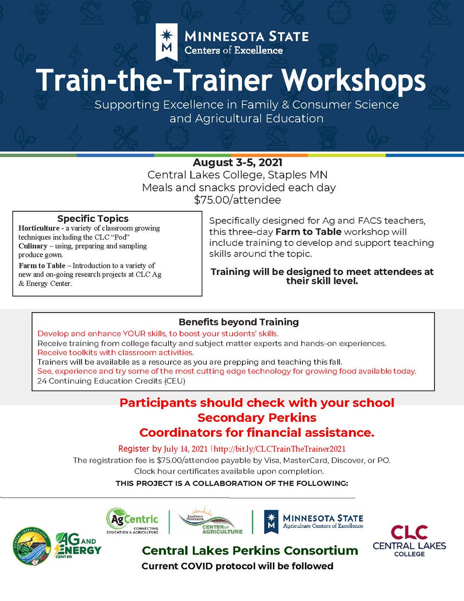 clcmnedu's tweet photo. This Train-the-Trainer series is designed for Ag and FACS teachers!  🌽🌱

The three-day Farm to Table workshop will include training to develop and support teaching skills around the topic.

Register 👇
https://t.co/uoawqLeGAY https://t.co/PhakfAcUNQ