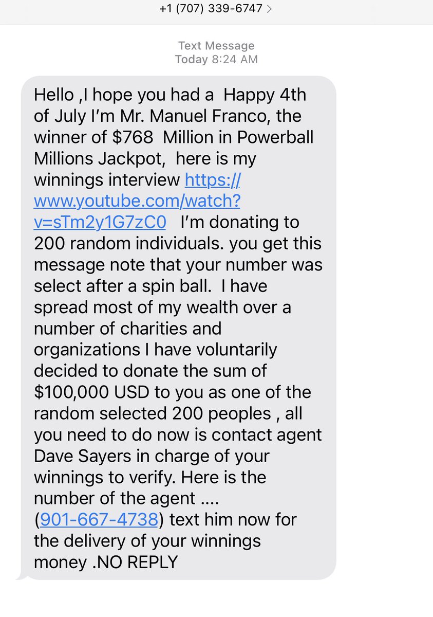 Cybercrime ALERT | This phishing text is buzzing on phones all over #yyj. Sadly, only powerball winners are this lucky. If you get it, delete it - it’s a scam. https://t.co/ScbU8qWjrz