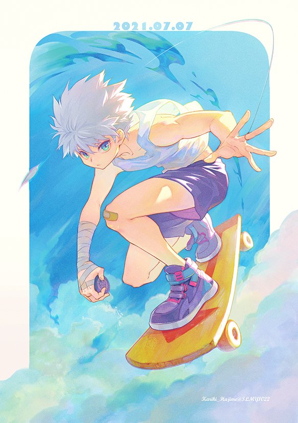 skateboard 1boy shorts male focus solo white hair tank top  illustration images