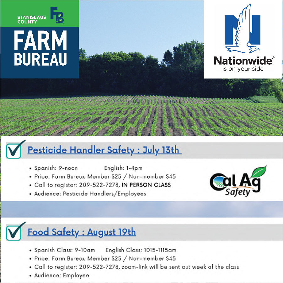 Calling all Pesticide Handlers! Don't miss this course next week: Tuesday, July 13th offered in English & Spanish. Food Safety virtual course coming August 19th. Go to stanfarmbureau.org/events#stanisl… #pesticidetraining #foodsafety #workerscomp #farminsurance #cropinsurance