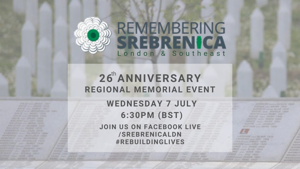 Join us at 6:30pm for @SrebrenicaLDN 26th anniversary commemoration of the #Srebrenica
Survivor stories and performances to remember and honour the 8372 victims of the #Genocide
Watch the event here -  https://t.co/TmbY9scXRO https://t.co/z5rZtLbXFQ