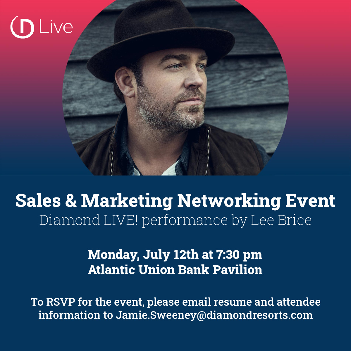 Join us for one of our AWARD WINNING events! We will be hosting a Sales & Marketing Networking Event on Monday, July 12th at the @leebrice Diamond LIVE! event! Contact me today to RSVP!