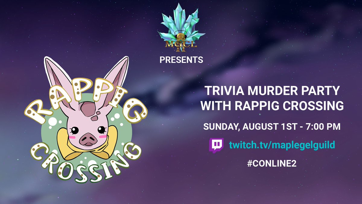 maplegelcon's tweet image. For the first time ever, @rappigcrossing and Maple Gel Con are coming together! Sister Cons will do battle in the JackBox classic, #TriviaMurderParty. Who will survive? Tune in on our Twitch channel to find out! #Conline2 #Conline #MGC #Virtual