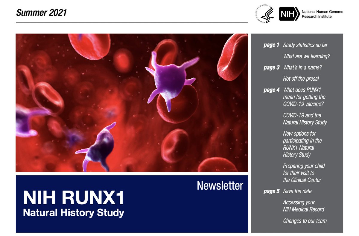 RUNX1Research's tweet photo. The latest @NIH #RUNX1 Natural History Study Newsletter is out and contains valuable updates on what they are learning about this #raredisease. Read more here: https://t.co/rnxuT5ACc9 #cancer #NIHstudy #RUNX1FPD #cancerresearch https://t.co/2KMTN26Q2w