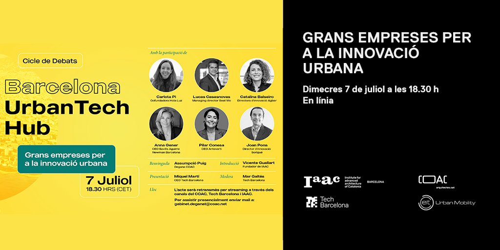 COACatalunya's tweet image. 🔴 Comença la sessió de debat del cicle de l&apos;#UrbanTechHub, impulsat per l&apos;@IAAC, el @TechBarcelona i el @COACatalunya

👉 Parlem de com contribuir a crear ciutats sostenibles a través de la innovació i la tecnologia en grans empreses

➡ En directe! 🔗 ow.ly/qxYu50FpTFO
