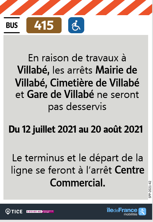 EvryEss_IDFM's tweet photo. #InfoTrafic En raison de travaux à Villabé, Les arrêts Mairie de Villabé, Cimetière de Villabé et Gare de Villabé ne seront pas desservis du 12 juillet 2021 au 20 août 2021. https://t.co/z1mlTCkesT