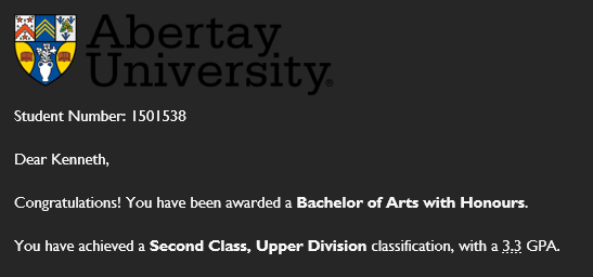 Took 6 years, two deferrals and I just found out I've probably had ADD this whole time, but I finally have a degree, yay! 
Never imagined I'd fluke into a 2.1 but hell yeah.
