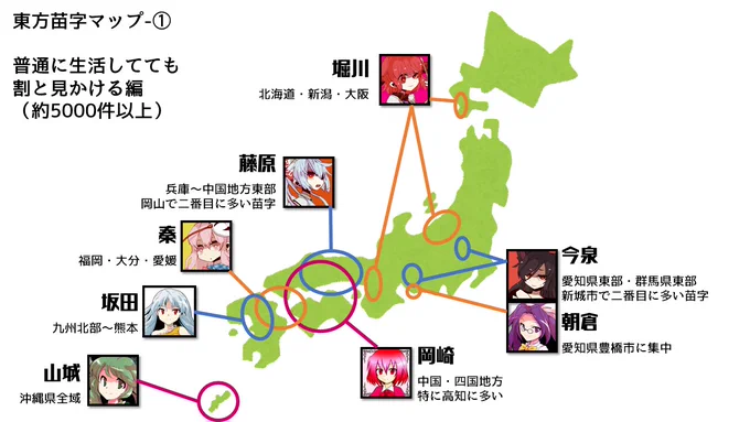 「どこに行けば東方キャラの苗字に出会えるのか」の簡易的なマップを作りました 