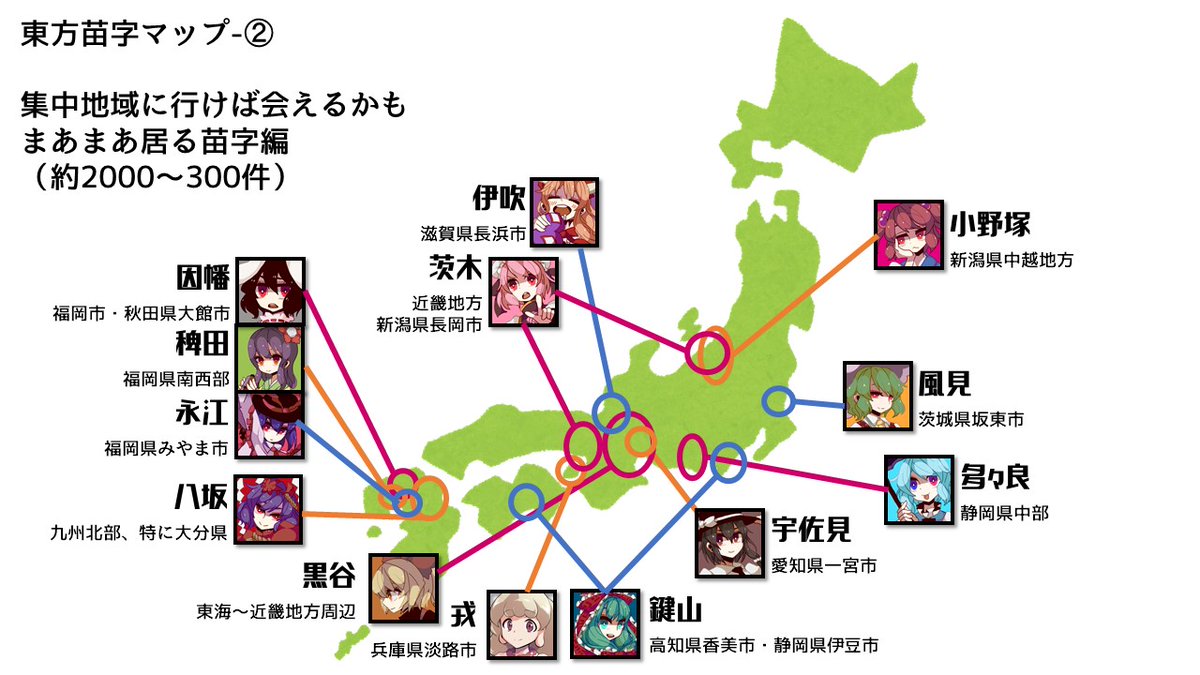 どこに行けば東方キャラの苗字に会えるのか のマップを作った人現る さまざまな興味深い事実が読み取れるマップに Togetter