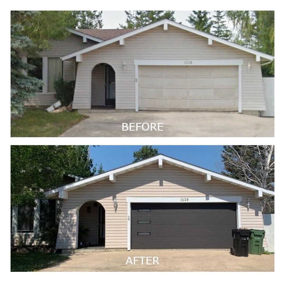 LeducDoor's tweet photo. What a transformation! 🤩

[Details: Steelcraft Contemporary Door in Charcoal]

#beforeandafter #garagedoor #steelcraft https://t.co/k1rfKp1L7e