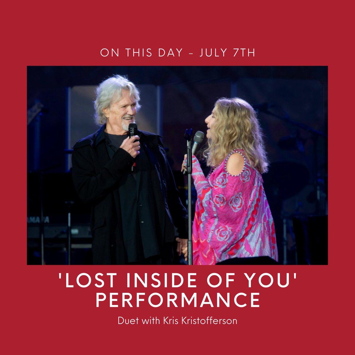 BarbraStreisand's tweet image. On this day in 2019, Barbra performed 'Lost Inside of You' from "A Star is Born" with Kris Kristofferson at Hyde Park in London.