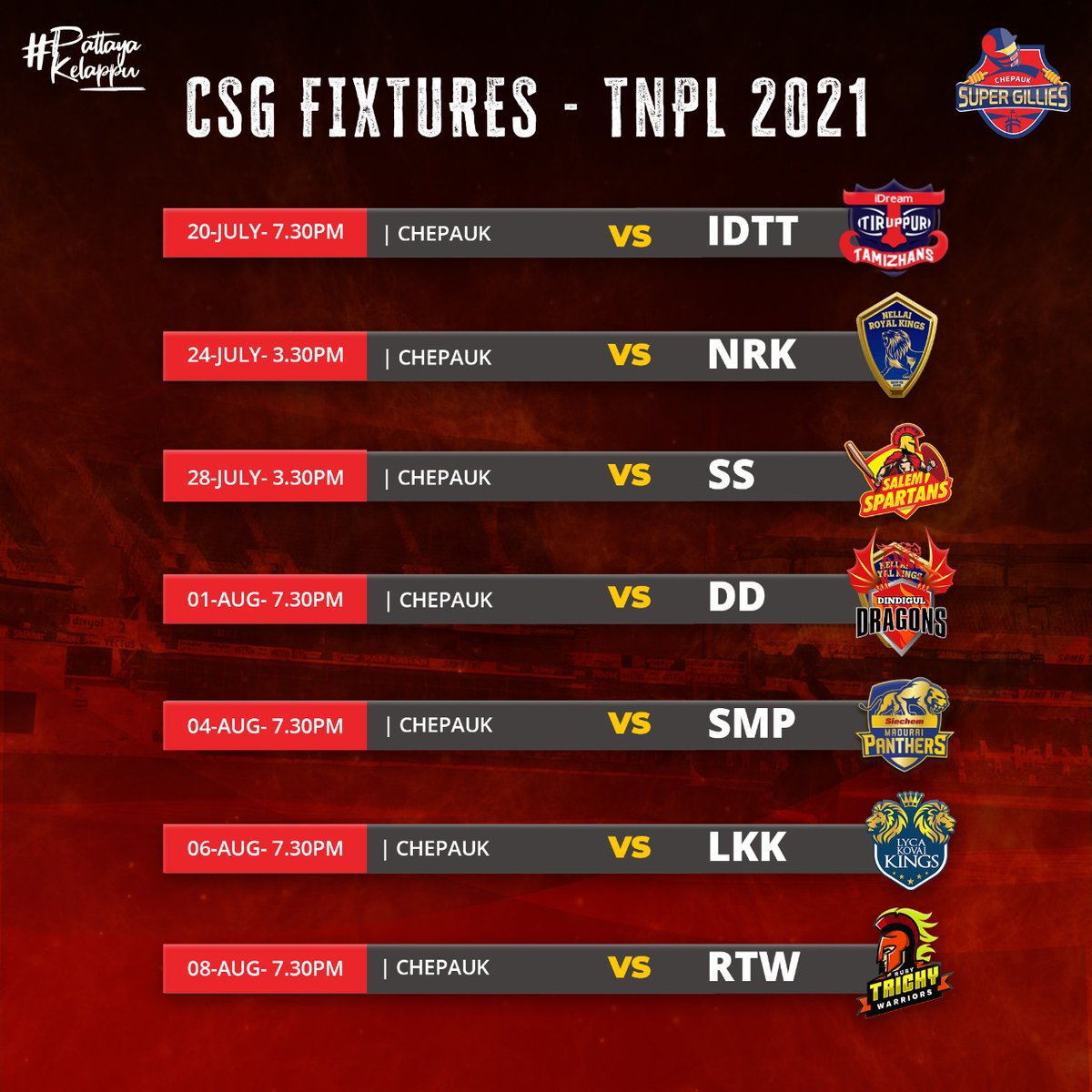 supergillies's tweet photo. Much awaited fixtures are here👇 
போட்டிக்கு நாங்க ரெடி😎
Pattaiya kelappuvoma?

#pattaiyakelappu #tnpl https://t.co/U3SpeZFAlX
