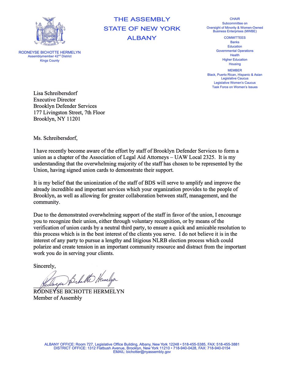bds_union's tweet photo. LETTER FROM NYS ASSEMBLYMEMBER RODNEYSE BICHOTTE HERMELYN IN SUPPORT OF THE BDS UNION AND FOR EXPEDIENT RECOGNITION: https://t.co/ogArWnravO