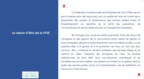#AgFP2E La FP2E se dote d’une Raison d’être.
✒️Fruit d’une réflexion collégiale sur les perceptions et attentes de ses parties prenantes extérieures et de ses membres elle vise à apporter tjrs + de valeur à ses partenaires
<a href="/aqualia/">aqualia</a> aqualter @GroupeSaur <a href="/Sogedo1/">Sogedo</a> @suezFR <a href="/Veolia_FR/">Veolia France</a>