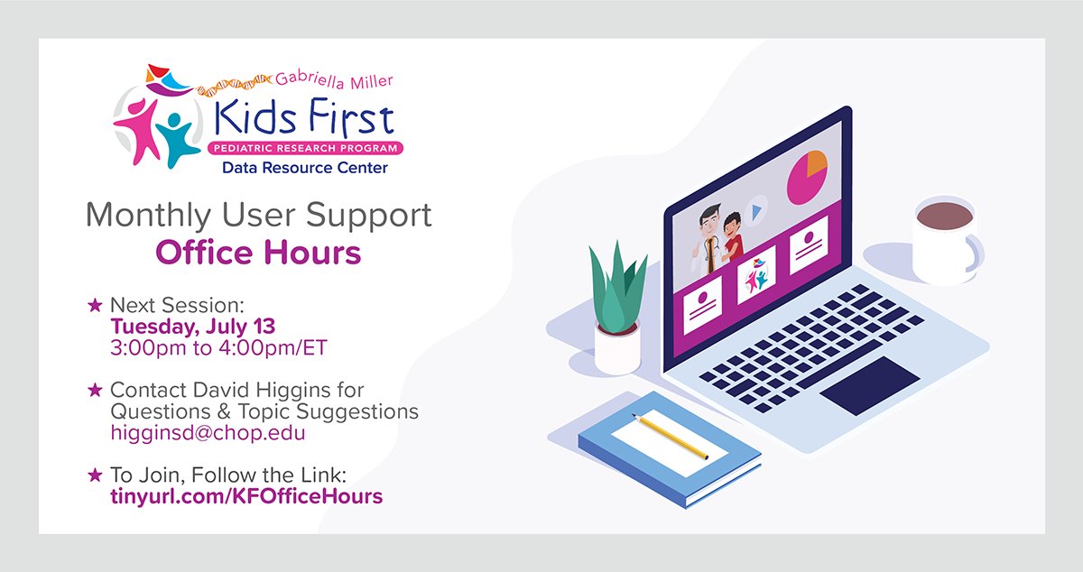 kidsfirstDRC's tweet photo. Interested in using #KidsFirst data & analysis platforms for your research? Have questions relating to your current work on #KidsFirstDRC Portal, #CAVATICA, or #PedcBioPortal? Join our experts for Office Hrs on July 13! No registration needed. https://t.co/q35kYtVF2w
