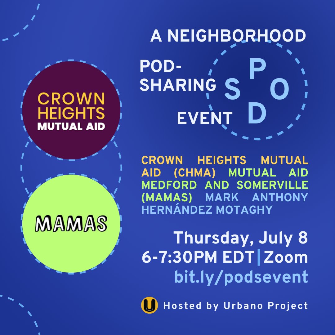 Meet the #mutualaid organizations at tomorrow's #pods event! Don't miss <a href="/CrownHeightsAid/">Crown Heights Mutual Aid</a>  &amp; <a href="/MutualAidMAMAS/">MutualAidMAMAS</a> in conversation tomorrow with Artist-in-Residence <a href="/breadfellow/">mark anthony hernandez motaghy</a> on the future of neighborhood pods and relationship-focused mutual aid 👥💞bit.ly/podsevent