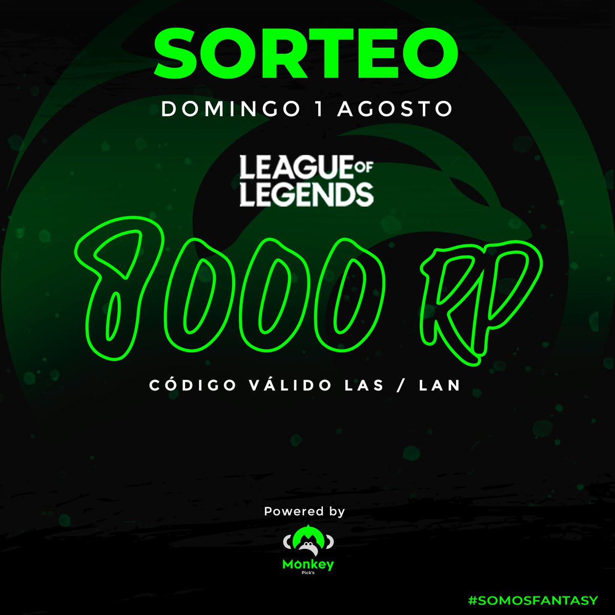 FantasyGTeam's tweet photo. ¡8000 RP GRATIS!🙃
[#LeagueOfLegends - #Giveaway]
-
Hola, #somosfantasy y sorteamos 8000 RP.
CÓDIGO válido para LAS / LAN.

- RT🔁+❤️al tweet.  
- Seguirnos en @FantasyGTeam
- ¡Ya estás participando!😎

Gracias #MonkeyPicks. 
Sorteo: 1 Agosto x faceb: @fantasygamingteam https://t.co/nojpoBc8R4