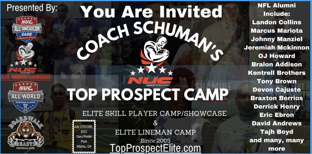 <a href="/WoodhamTucker/">Tucker Woodham</a> You are invited to the Coach Schuman’s Top Prospect Elite Camp Showcase in Atlanta, GA July 17th &amp; 18th, 2021, go to topprospectelite.com to register now use code football19 for 50% off. Limited Spots Available so register right away