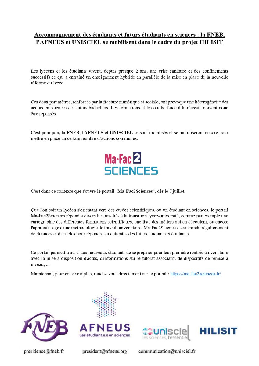 [Ma Fac 2 Sciences] Nous vous l'avions annoncé il y a quelques jours, c'est aujourd'hui que sort la plateforme "Ma fac 2 sciences". Un projet mené conjointement avec la <a href="/FNEBmono/">FNEB</a> et @Unisciel.

Pour en savoir plus, rendez-vous directement sur le portail : ma-fac2sciences.fr
