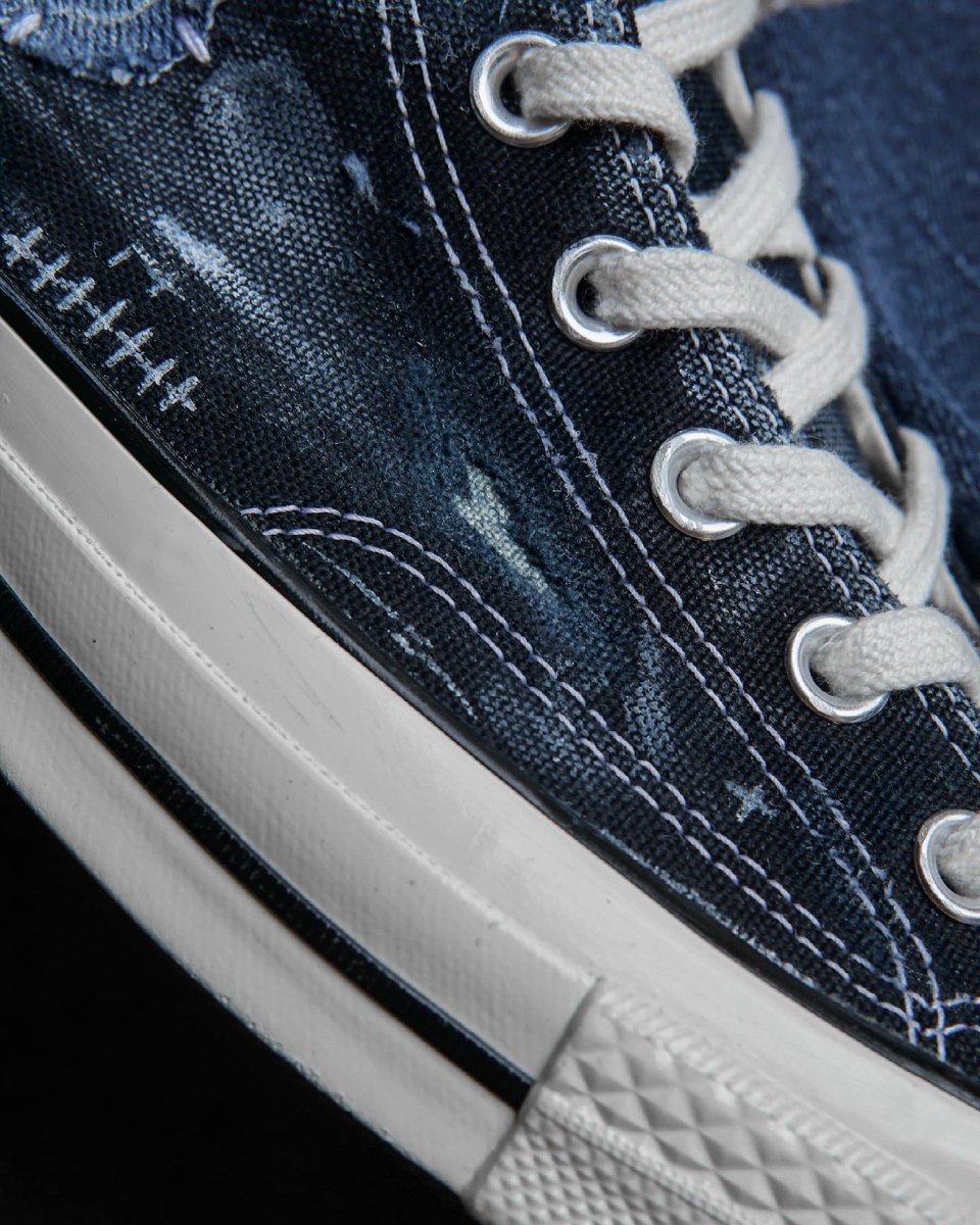kevinconcepts's tweet photo. Upcycled some denim scraps by hand sewing to the distressed canvas uppers on these Chuck 70s. @goatapp #GOATDIY https://t.co/MayN5suelI