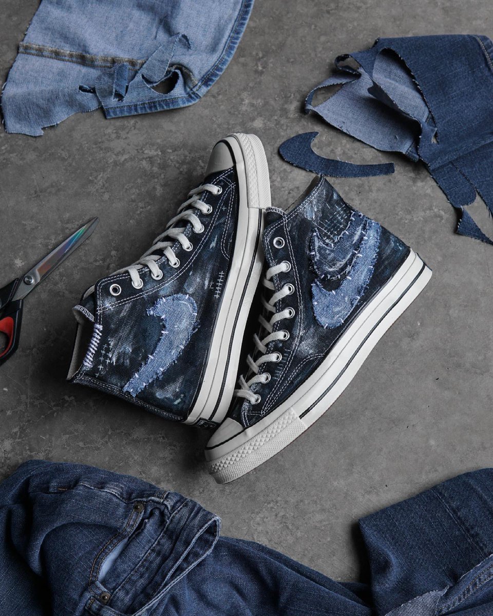 kevinconcepts's tweet photo. Upcycled some denim scraps by hand sewing to the distressed canvas uppers on these Chuck 70s. @goatapp #GOATDIY https://t.co/MayN5suelI