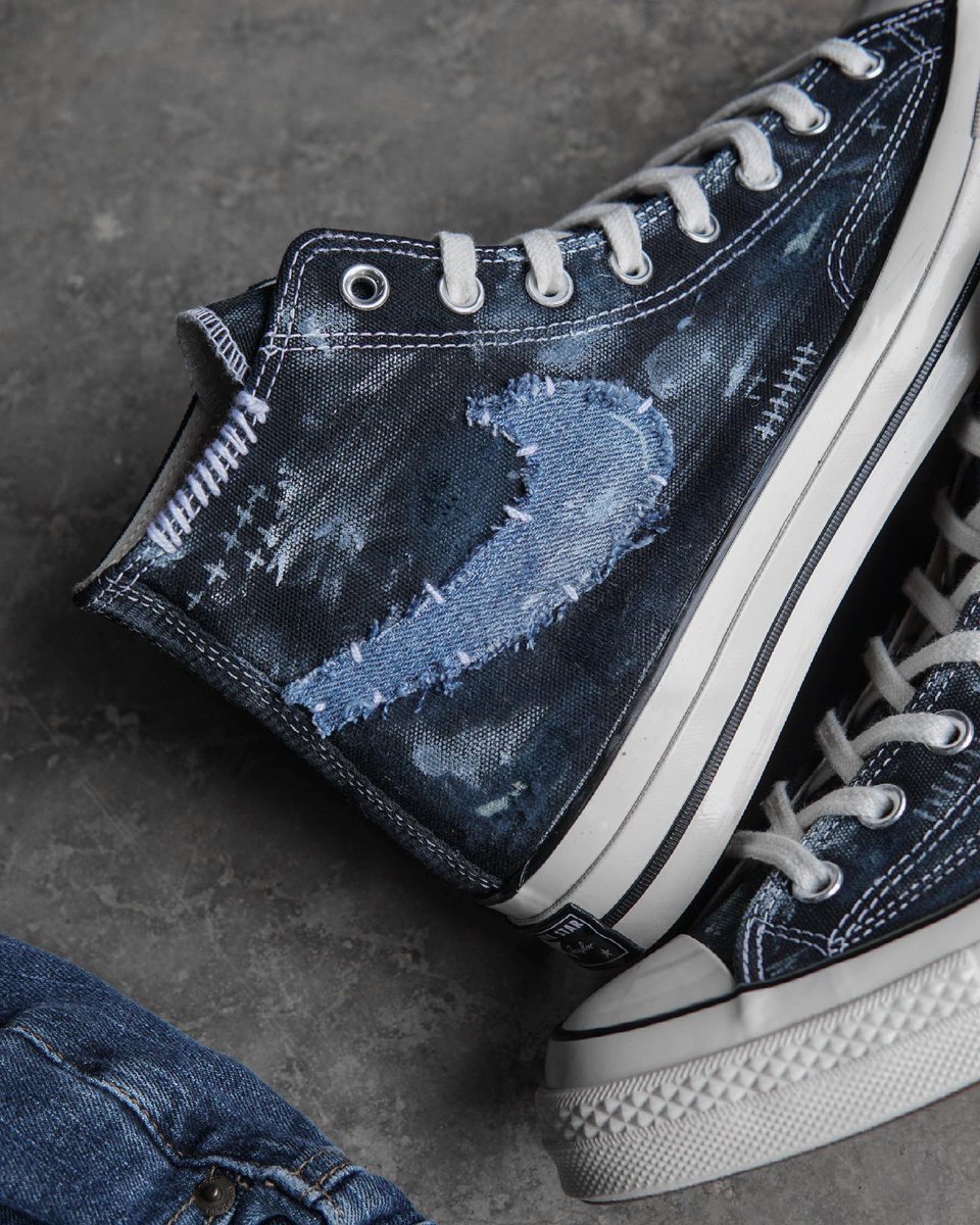 kevinconcepts's tweet photo. Upcycled some denim scraps by hand sewing to the distressed canvas uppers on these Chuck 70s. @goatapp #GOATDIY https://t.co/MayN5suelI