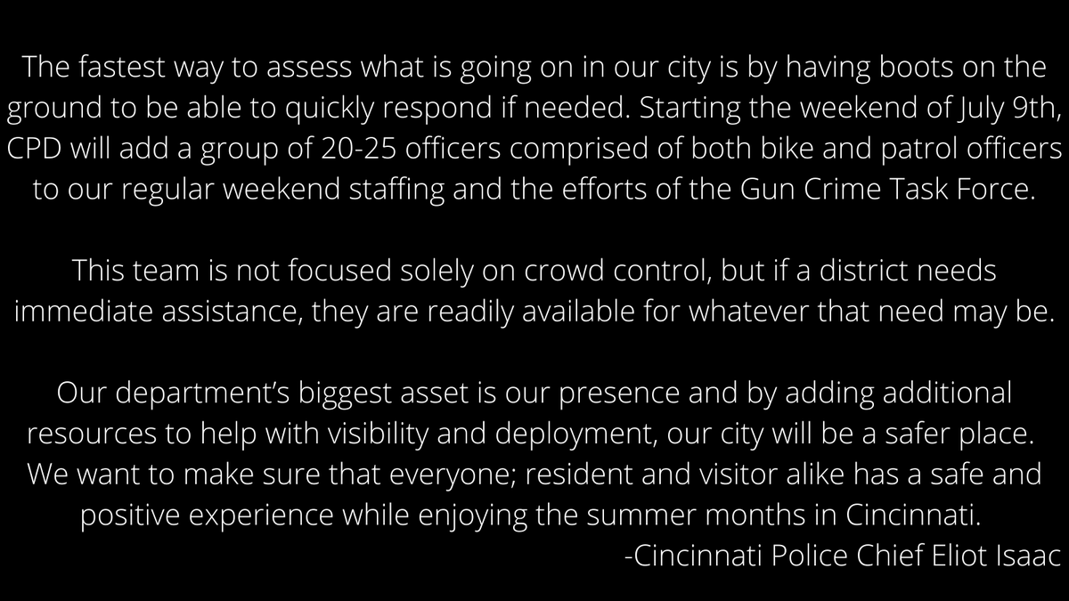 ChiefEIsaac's tweet photo. You will see more CPD officers out on the city streets starting this weekend and continuing each weekend throughout the summer.

We want to make sure that everyone, resident and visitor alike has a safe and positive experience while enjoying the summer months in Cincinnati. https://t.co/ezRijfPwzG
