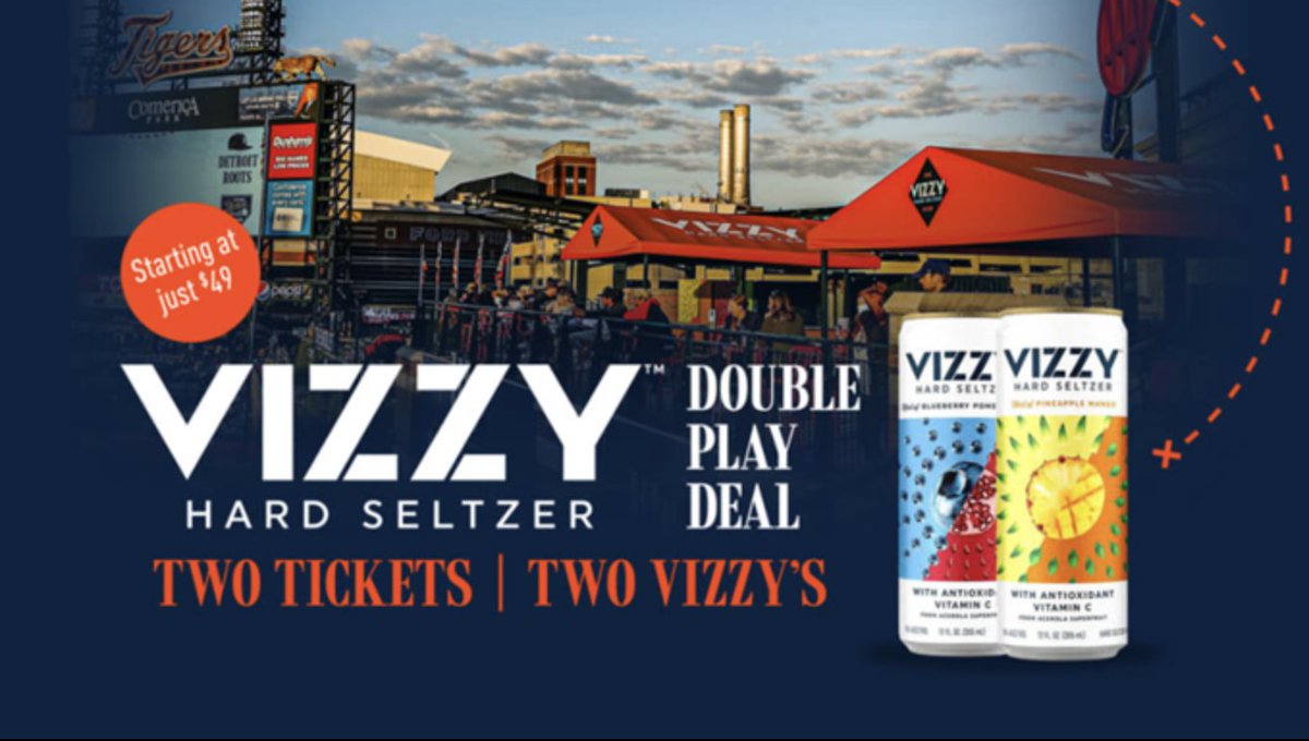 DanHenryDist's tweet image. Join the party!
For all remaining Thursday home games this season, the Detroit Tigers are offering The Vizzy Double Play Deal. This package features a pair of tickets and two Vizzy’s for just $49 (Must be 21 years or older to redeem). Go to mlb.com/tigers/tickets… for more info!