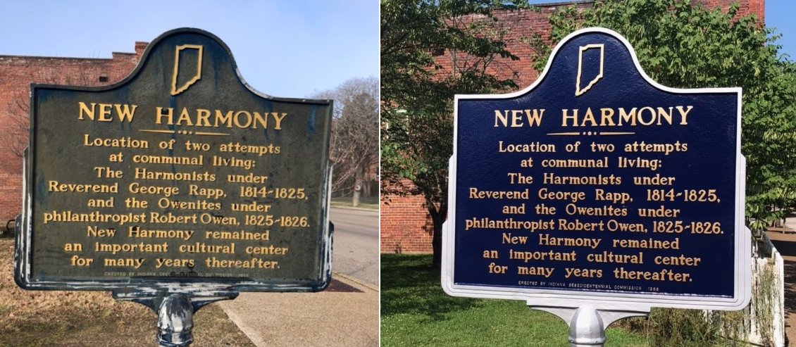 Thanks to our friends at the New Harmony State Historic Site and <a href="/IndianaMuseum/">Indiana State Museum and Historic Sites</a> for their help refurbishing the New Harmony state marker! It looks wonderful! 
Marker repainting projects are a great way to engage in our state’s history and help preserve it for future generations!