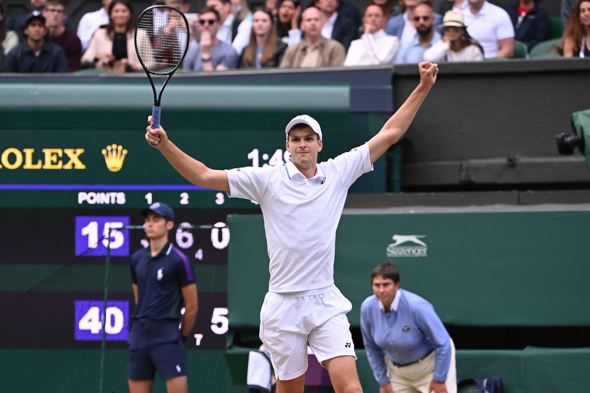 Wimbledon's tweet photo. The moment @HubertHurkacz became the second Polish man in history to reach the semi-finals at a Grand Slam 🇵🇱👏

#Wimbledon https://t.co/HcxE5v0ze5
