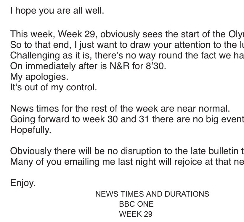 I may have accidentally on purpose done it again. As I have said before...one of my jobs is the sometimes thankless, dry, task of telling 1,400 BBC staff what time and for how long news bulletins are. Today, of all days, I couldn’t help myself. Again. @BBCSport #ENGDEN #ENG